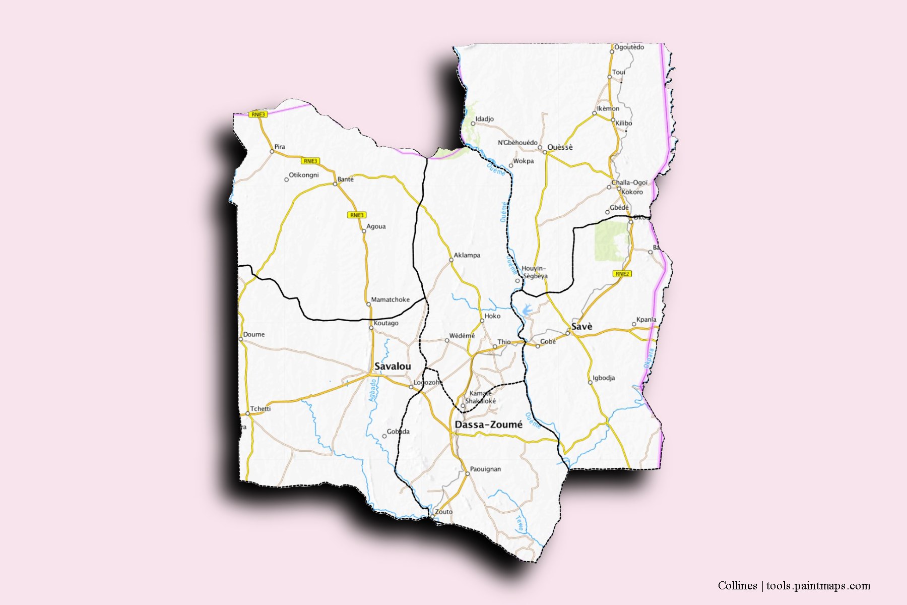 Collines Department and counties map with 3D shadow effect