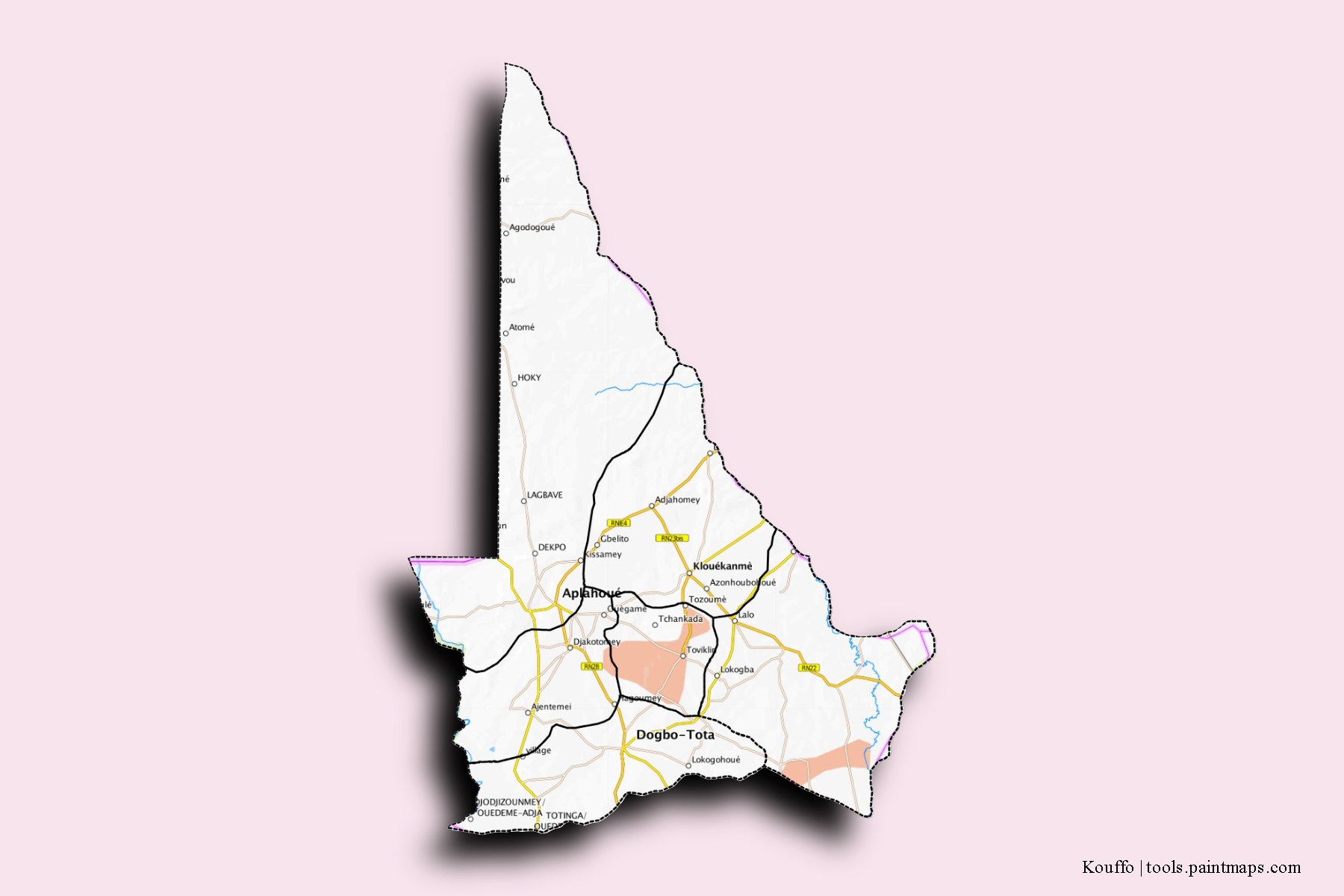 Kouffo Department and counties map with 3D shadow effect