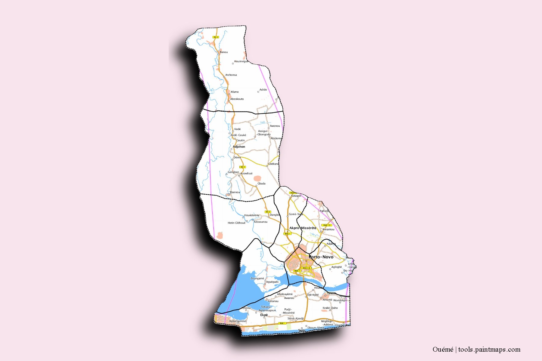 Ouémé Department and counties map with 3D shadow effect