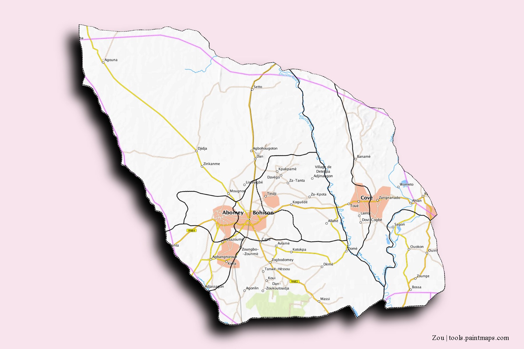 3D gölge efektli Zou Departmanı ve ilçeleri haritası