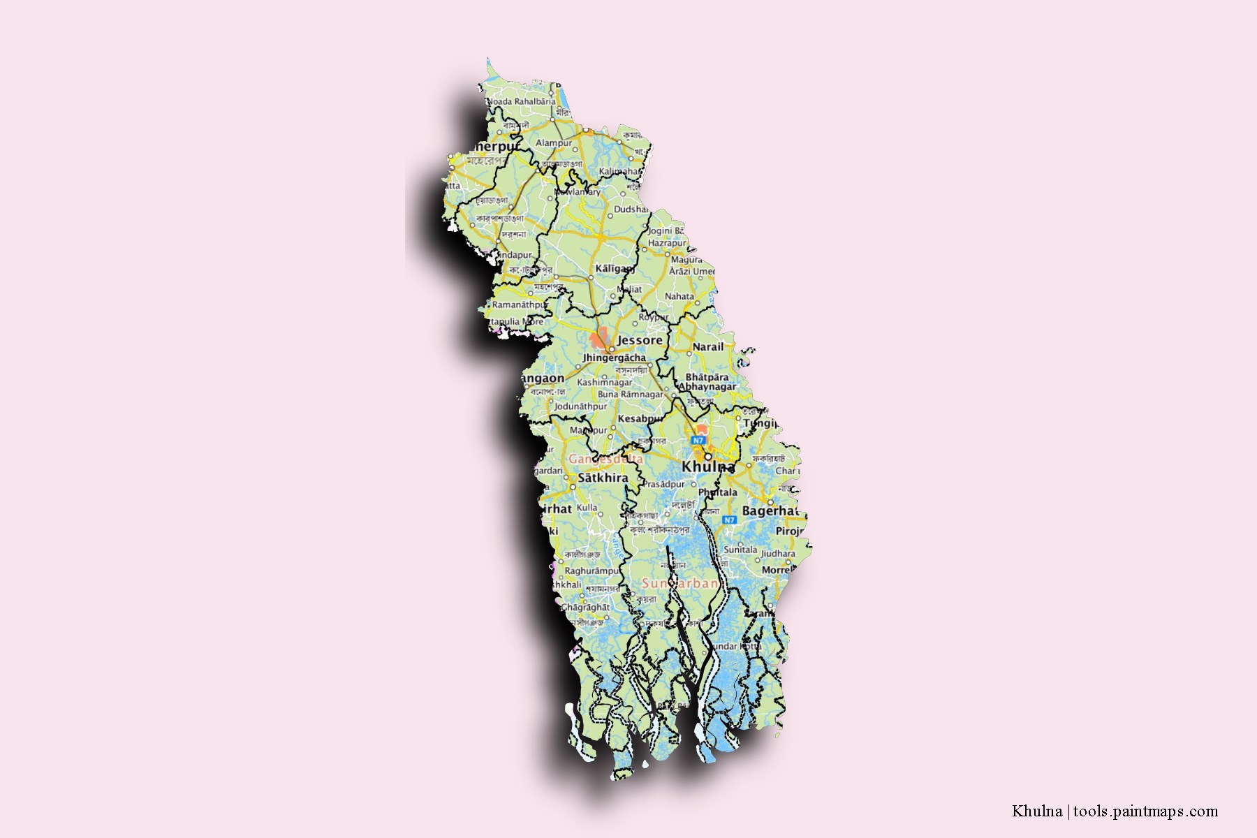 Khulna and counties map with 3D shadow effect