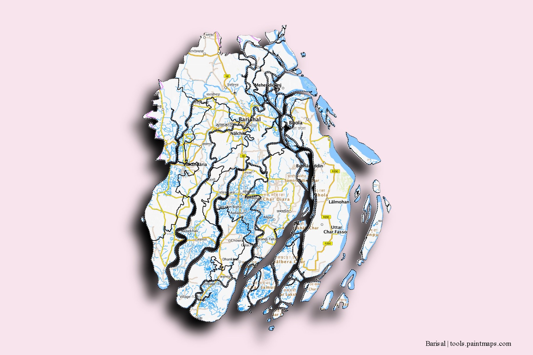 Barisal and counties map with 3D shadow effect