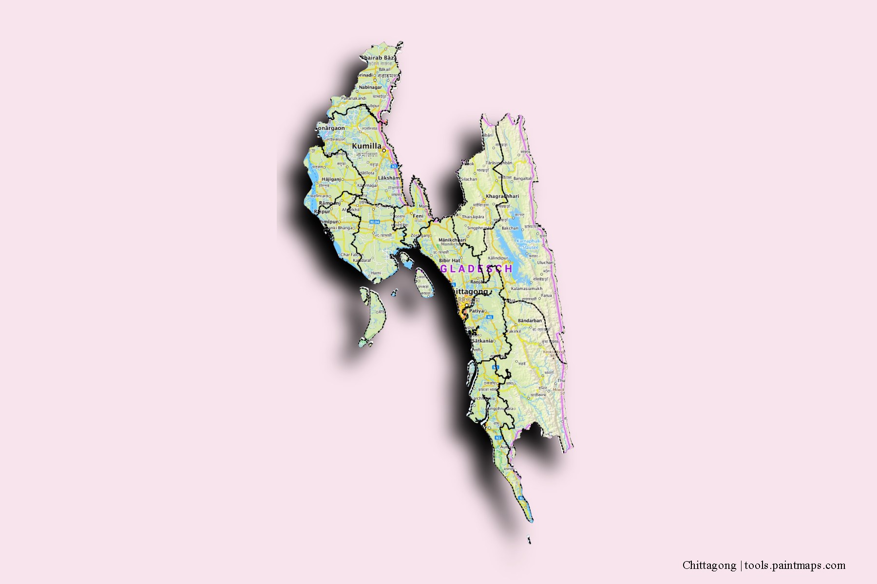 Chittagong and counties map with 3D shadow effect