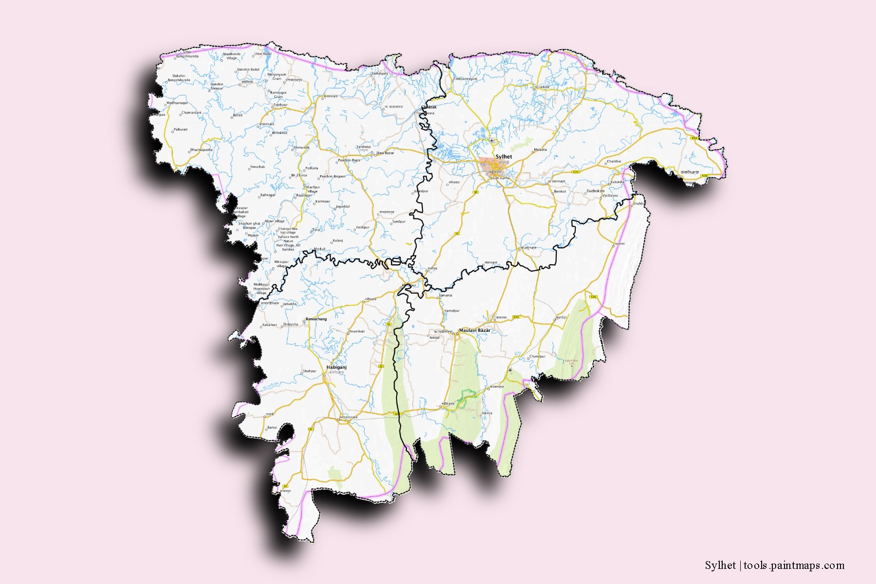 Sylhet and counties map with 3D shadow effect