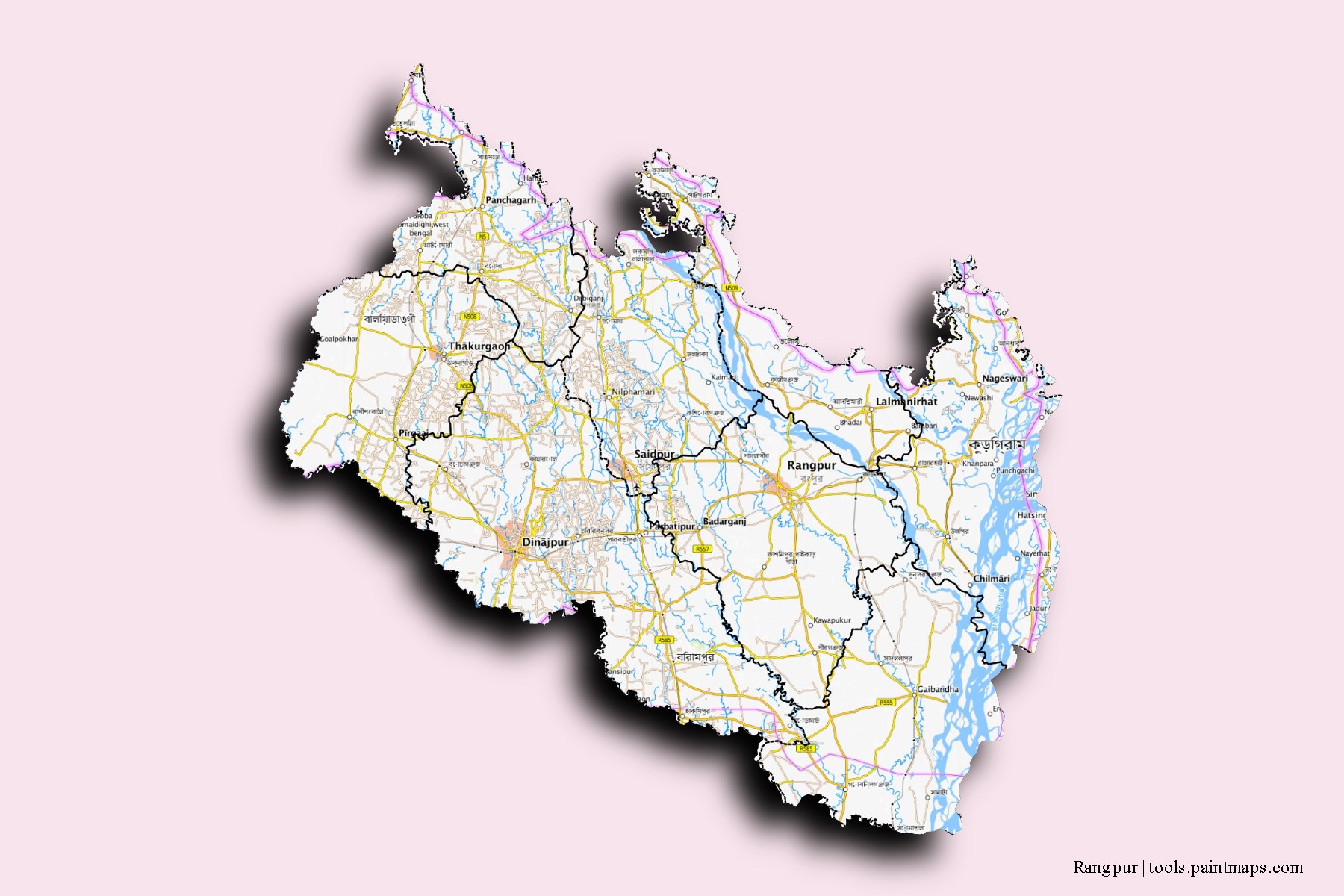 Mapa de Rangpur y sus distritos con efecto de sombra 3D