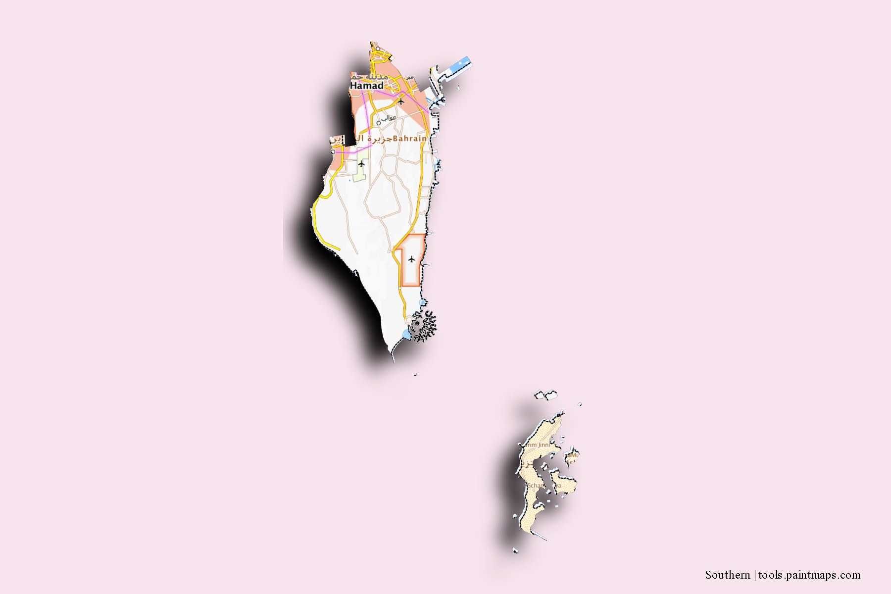 Mapa de Southern y sus distritos con efecto de sombra 3D