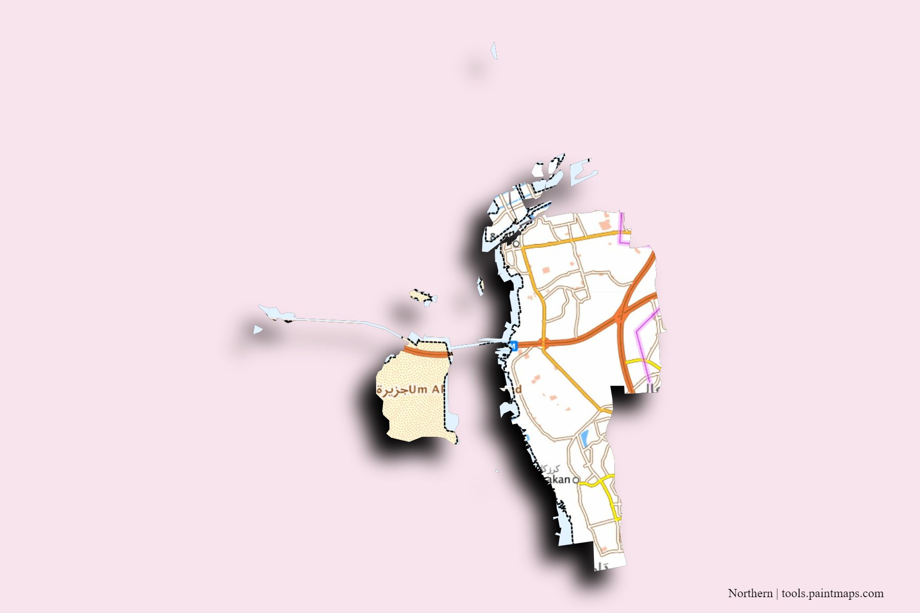 Mapa de Northern y sus distritos con efecto de sombra 3D