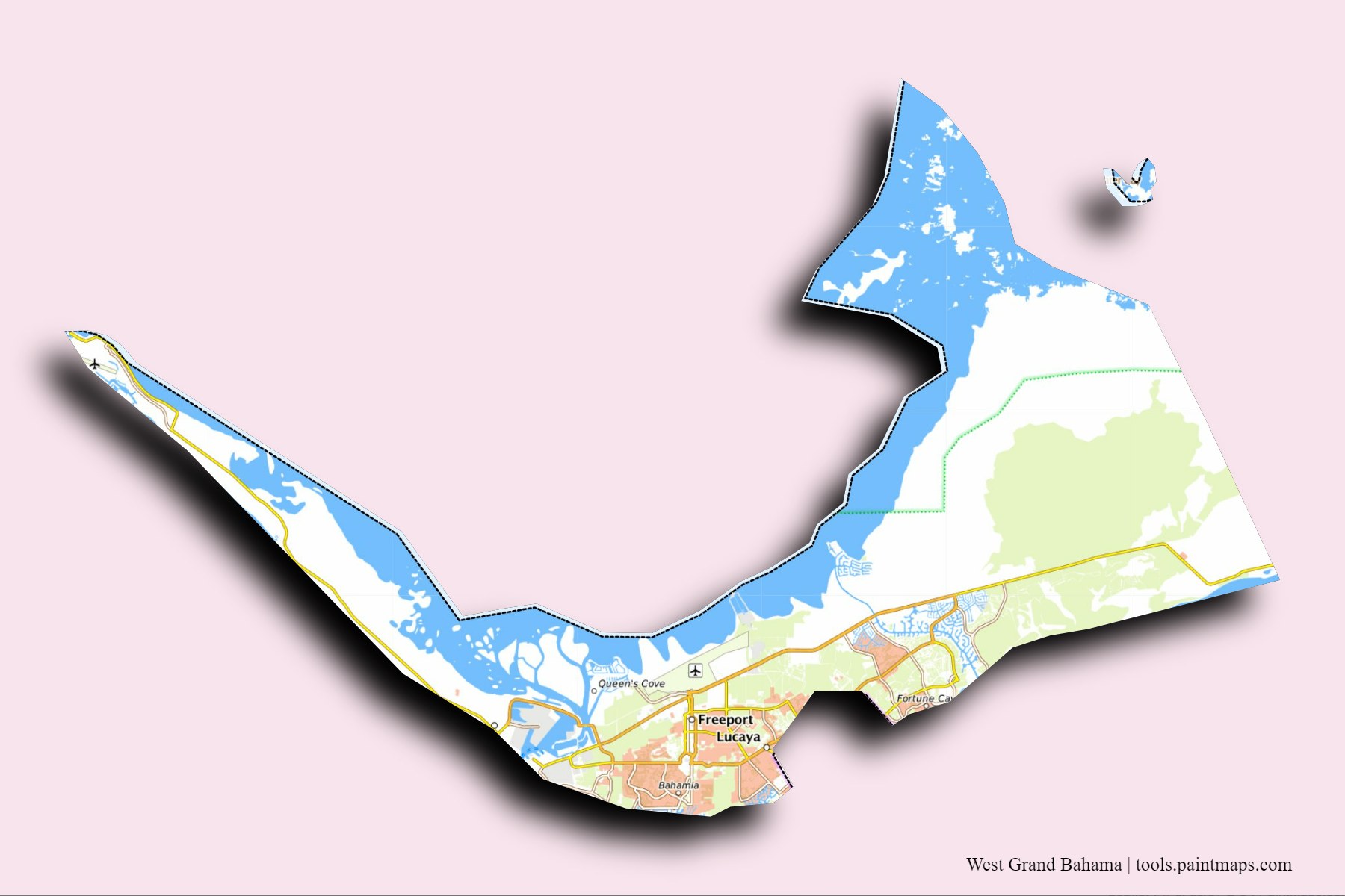 Mapa de West Grand Bahama y sus distritos con efecto de sombra 3D