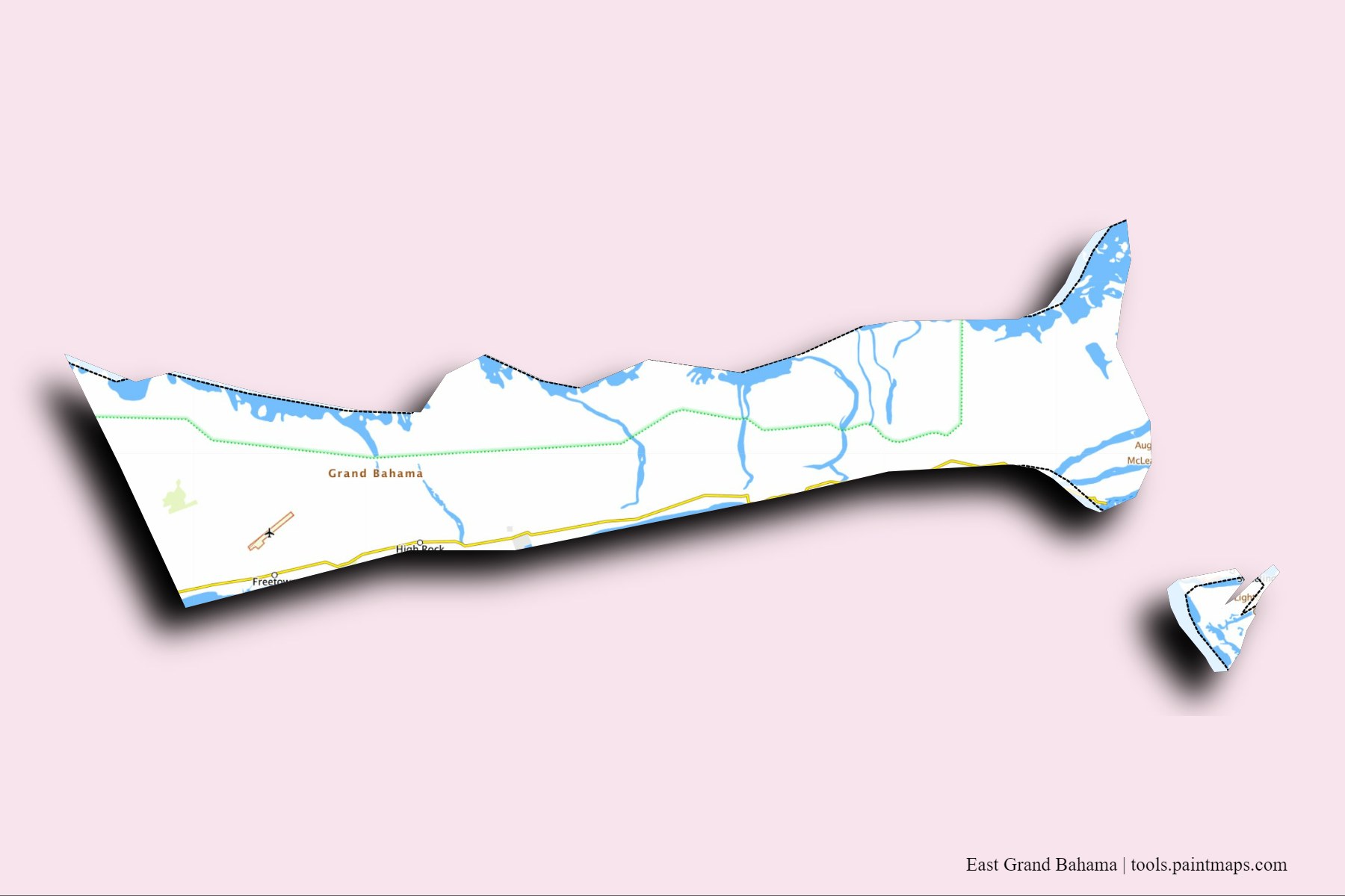 Mapa de East Grand Bahama y sus distritos con efecto de sombra 3D