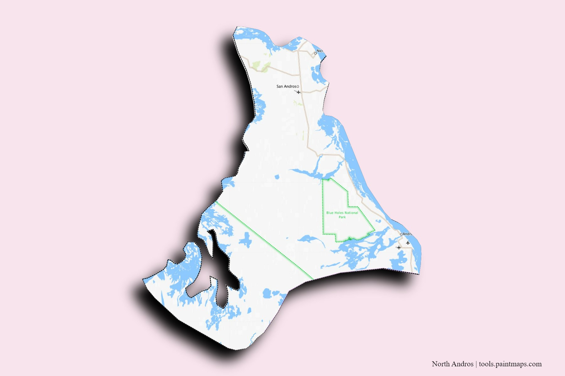 Mapa de North Andros y sus distritos con efecto de sombra 3D