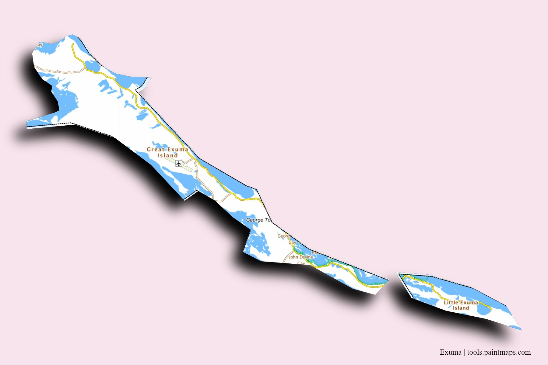 3D gölge efektli Exuma ve ilçeleri haritası