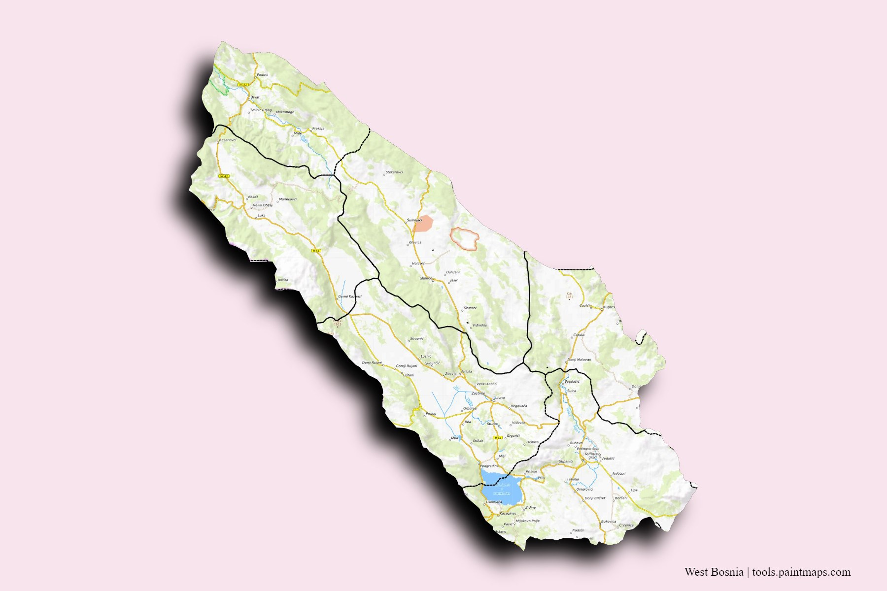 West Bosnia and counties map with 3D shadow effect