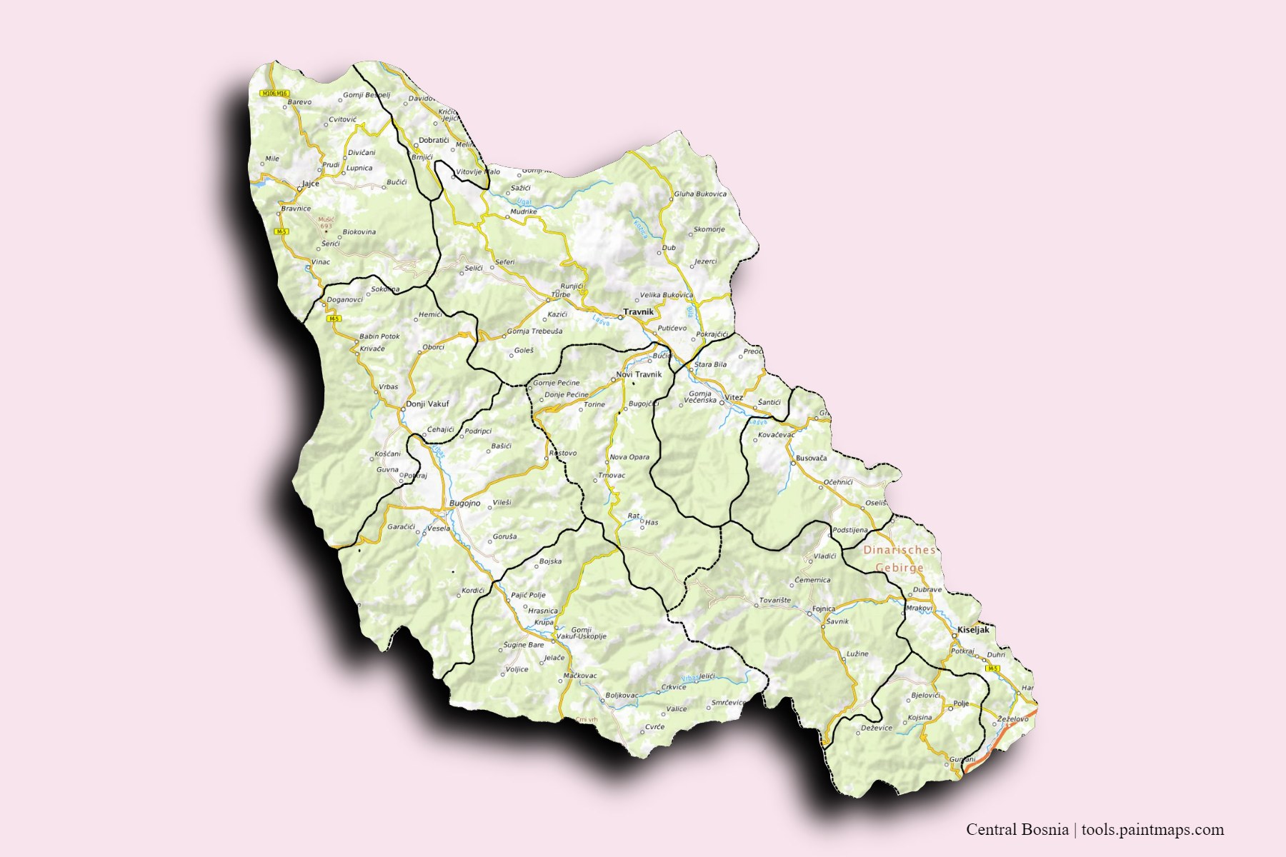 Mapa de Central Bosnia y sus distritos con efecto de sombra 3D