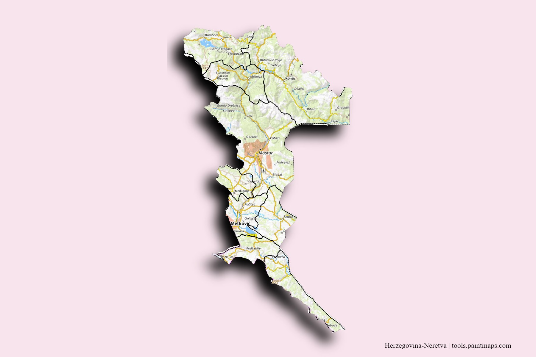 Mapa de Herzegovina-Neretva y sus distritos con efecto de sombra 3D