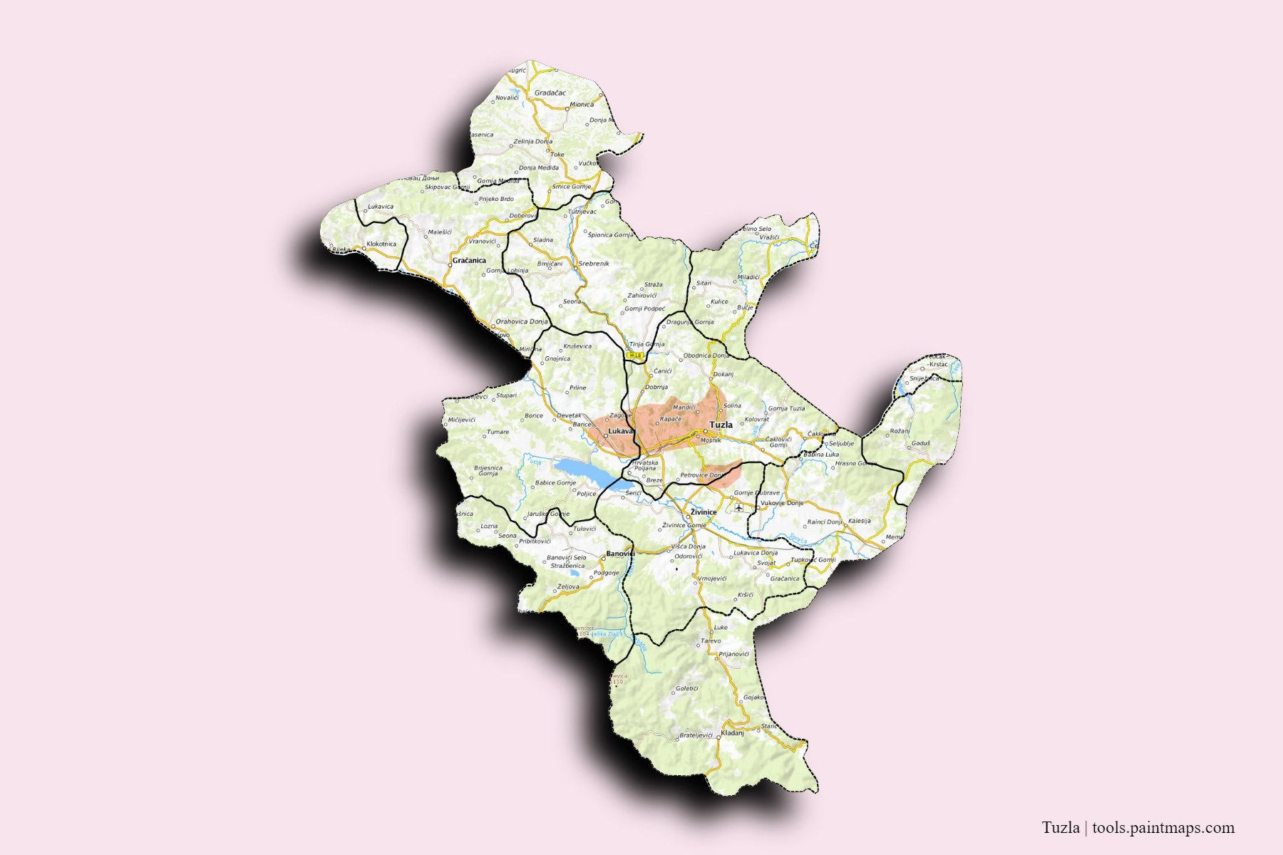 Tuzla and counties map with 3D shadow effect