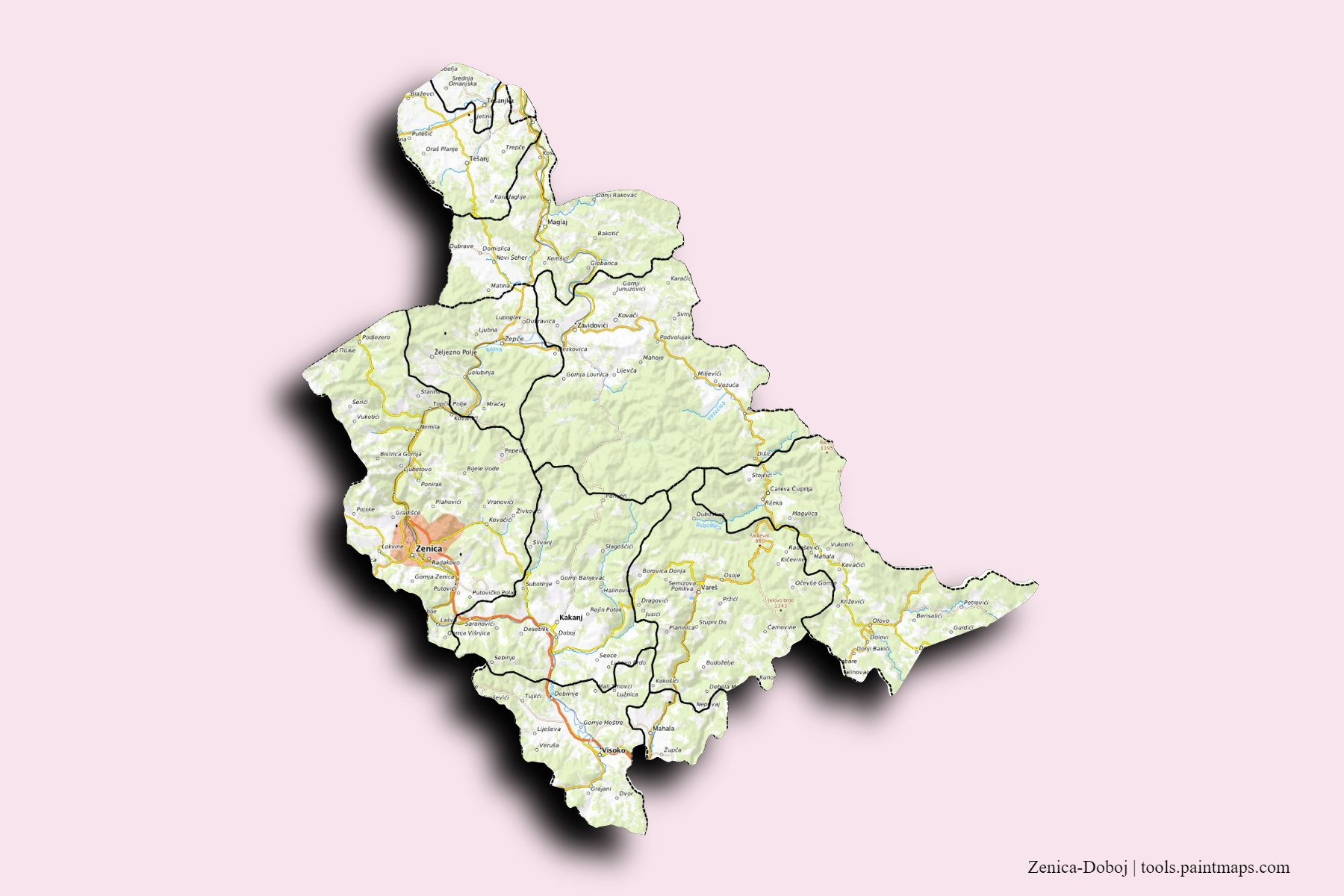 Mapa de Zenica-Doboj y sus distritos con efecto de sombra 3D