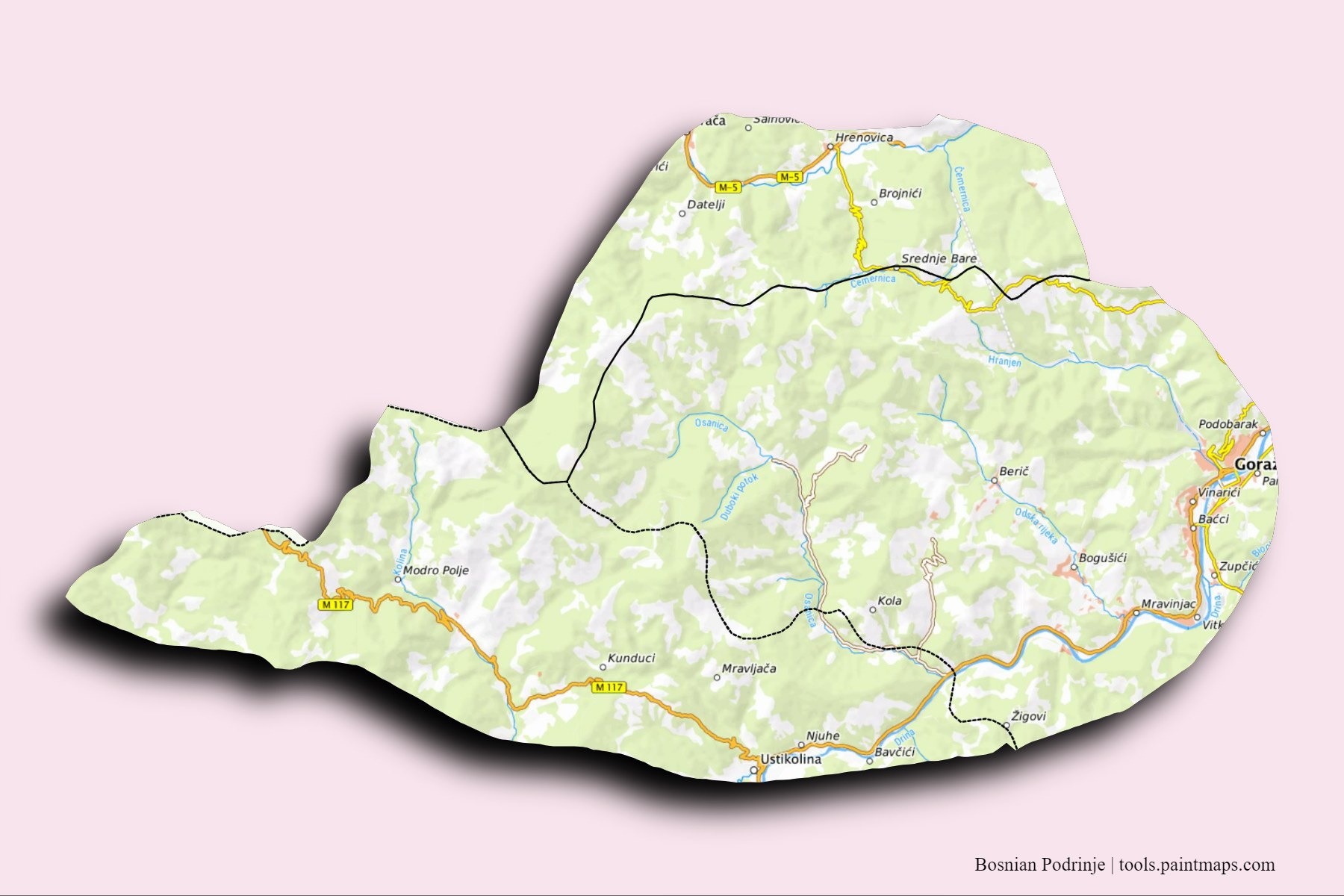 Mapa de Bosnian Podrinje y sus distritos con efecto de sombra 3D