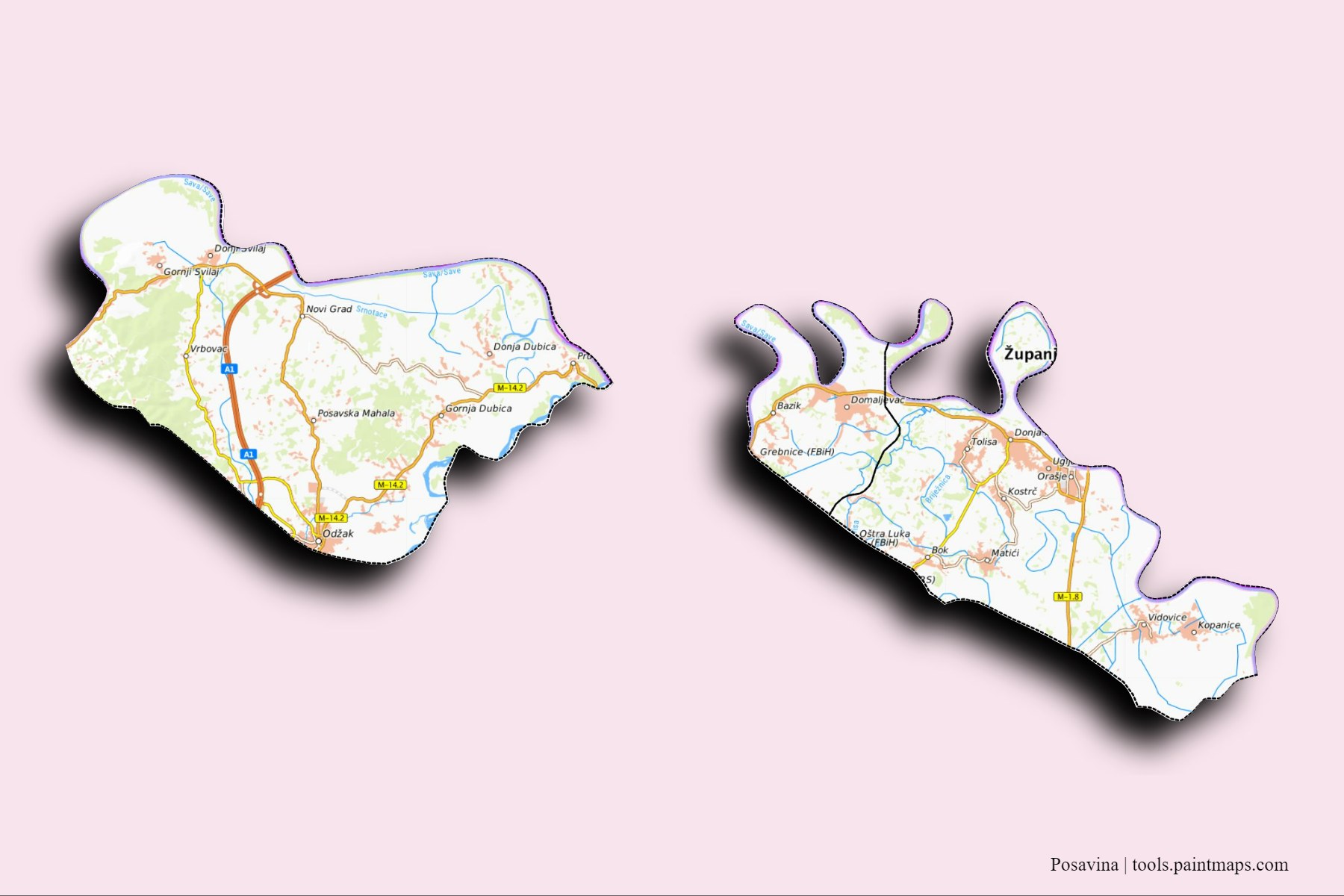 Posavina and counties map with 3D shadow effect