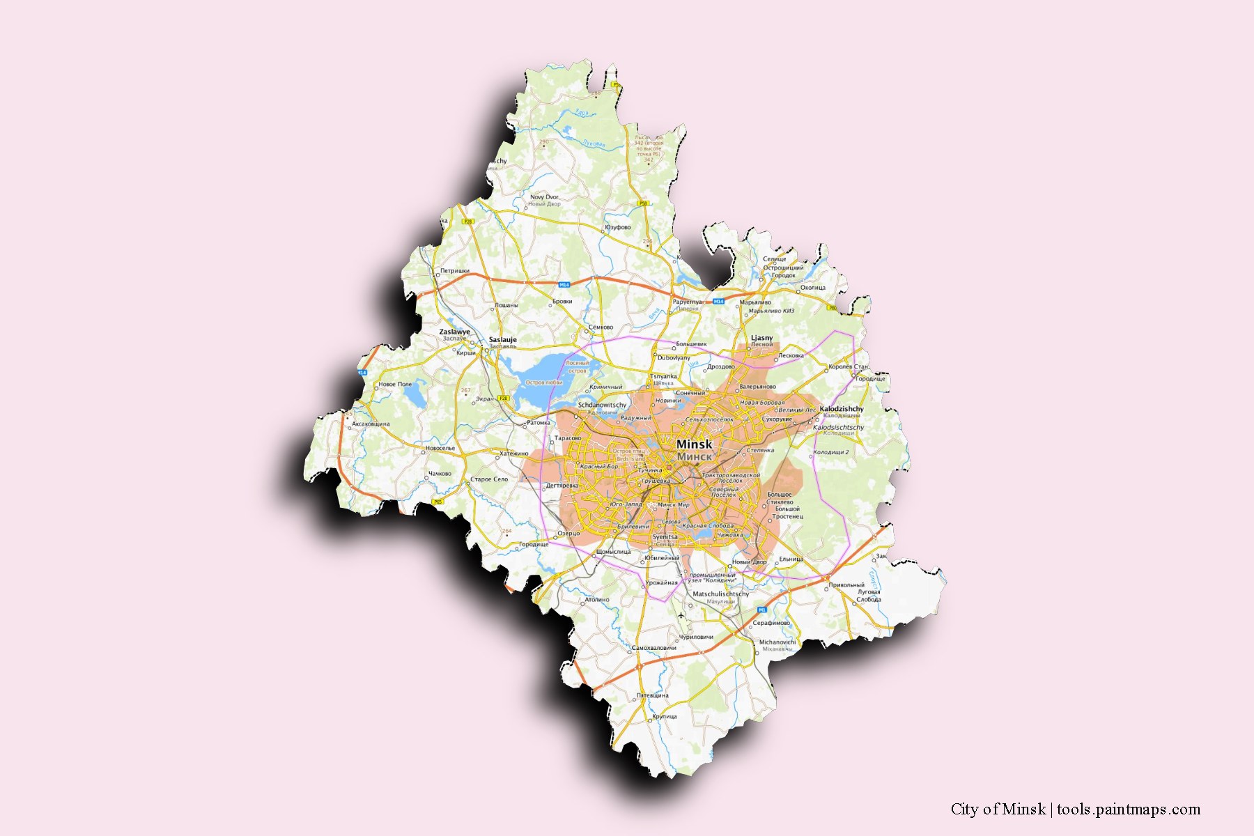 Minsk and counties map with 3D shadow effect