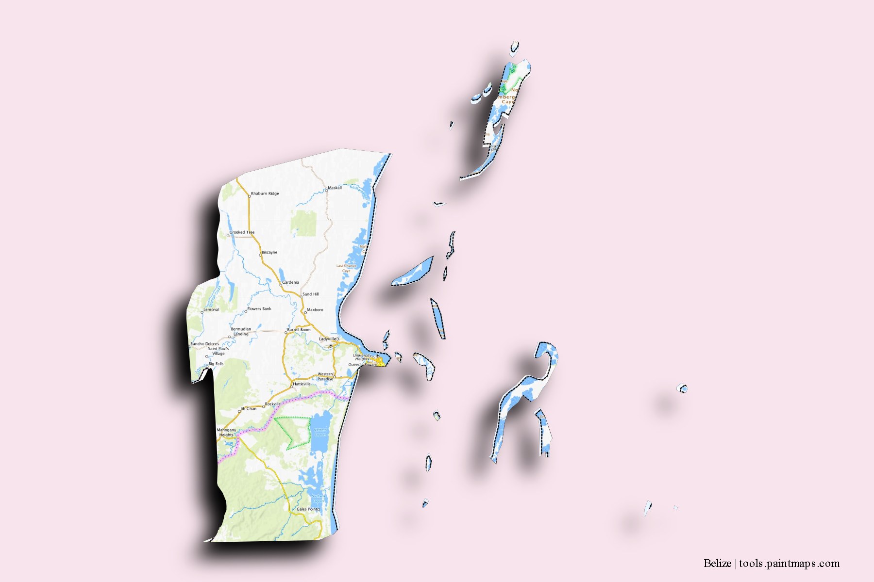 Belize and counties map with 3D shadow effect