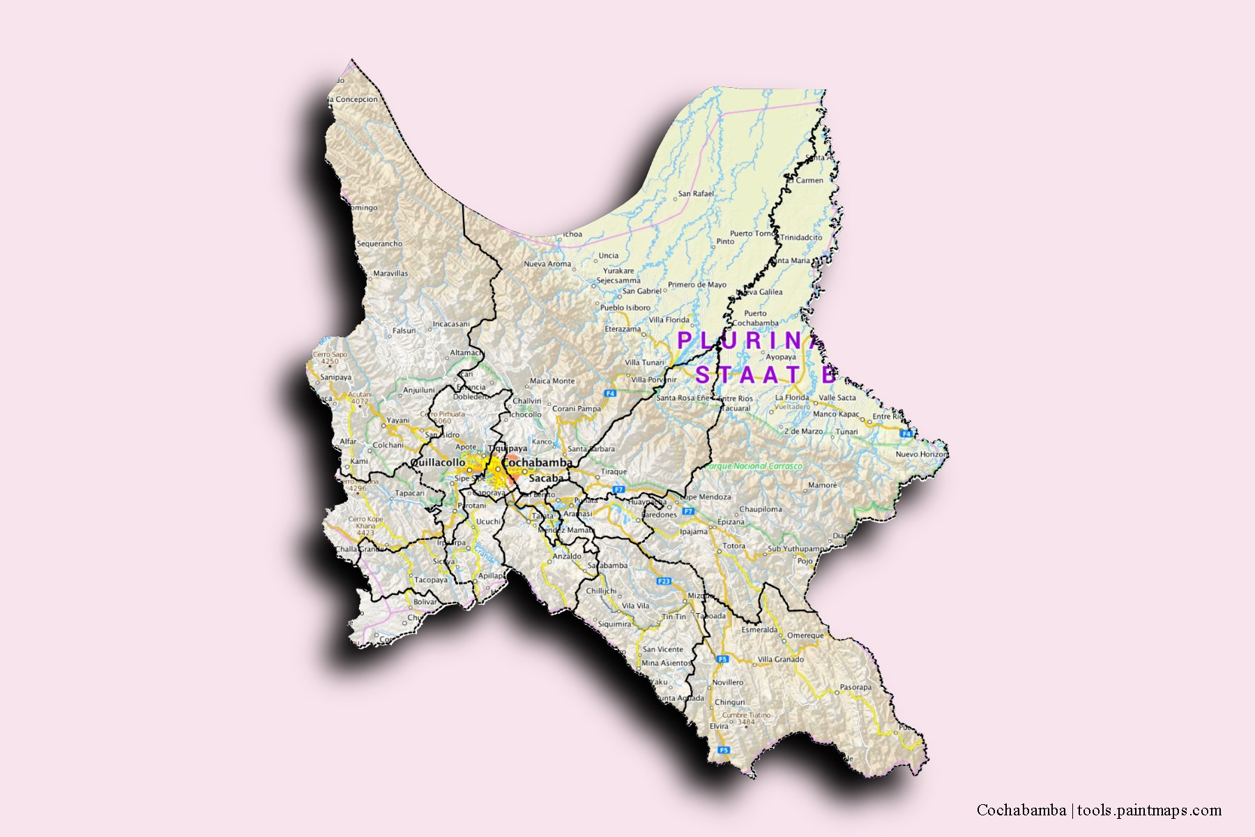 Cochabamba and counties map with 3D shadow effect