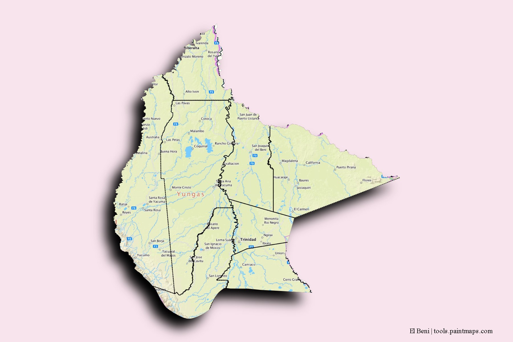 El Beni and counties map with 3D shadow effect