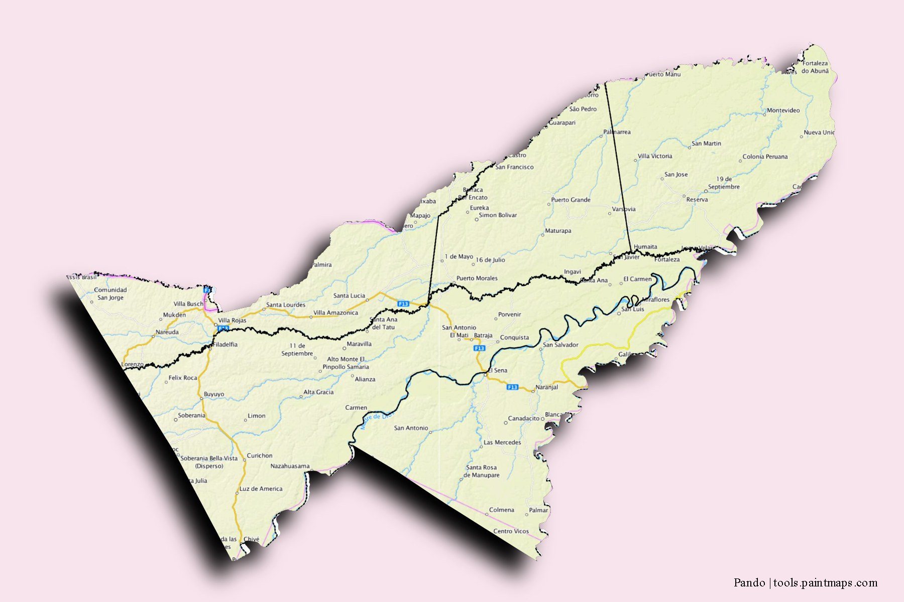 Pando and counties map with 3D shadow effect