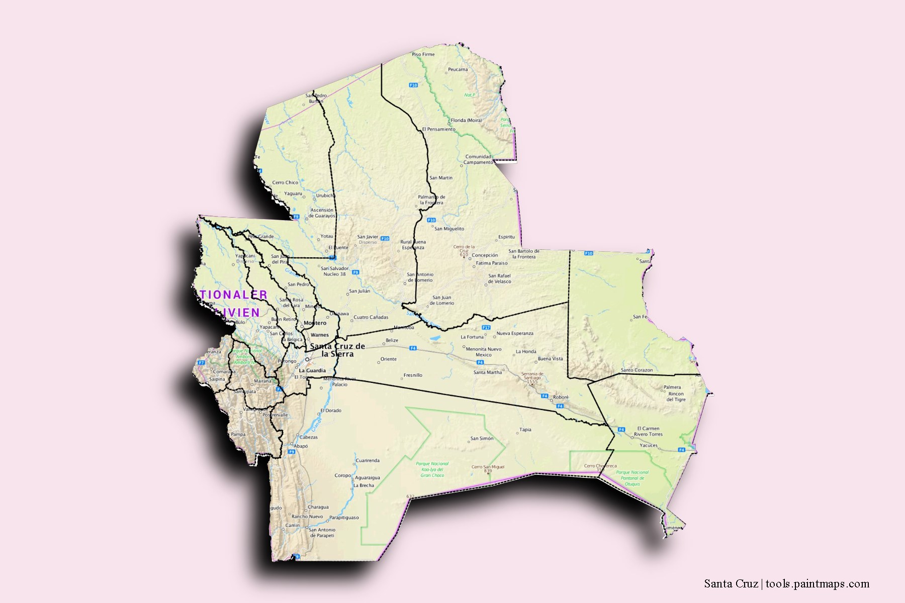 Mapa de Santa Cruz y sus distritos con efecto de sombra 3D