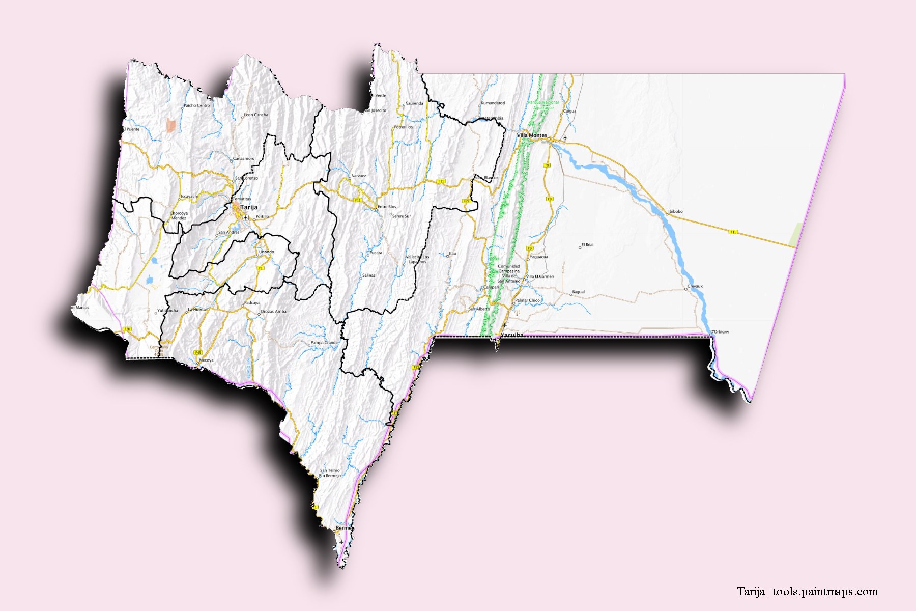 Tarija and counties map with 3D shadow effect