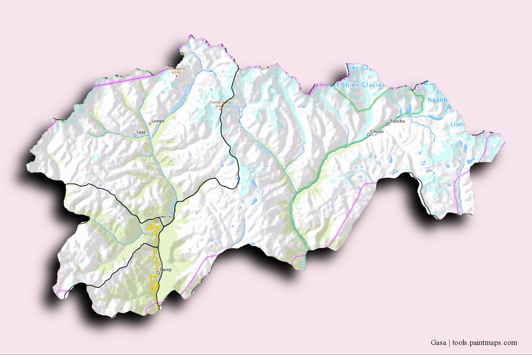 3D gölge efektli Gasa District ve ilçeleri haritası