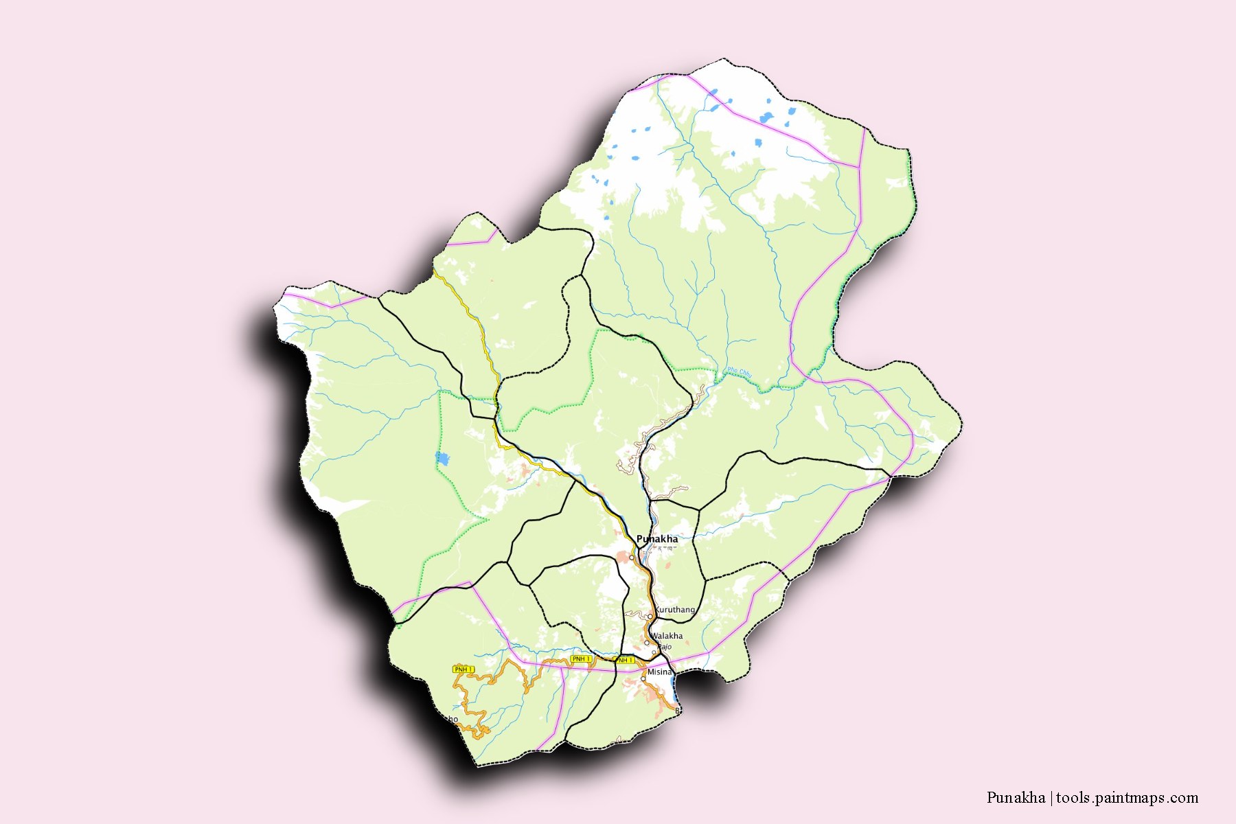 Mapa de Punakha y sus distritos con efecto de sombra 3D
