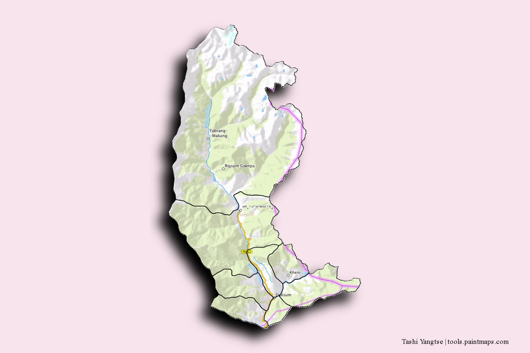 Tashi Yangtse and counties map with 3D shadow effect