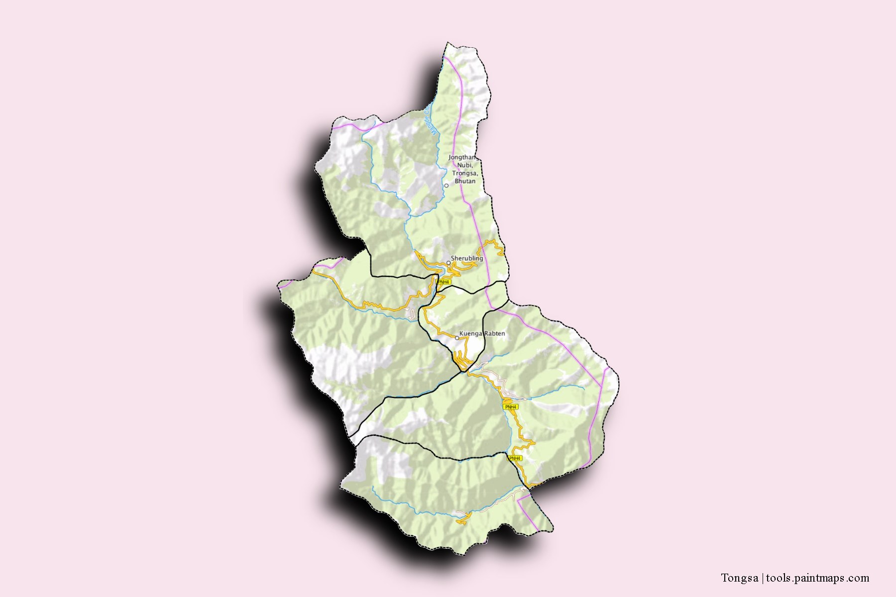 Mapa de Tongsa y sus distritos con efecto de sombra 3D