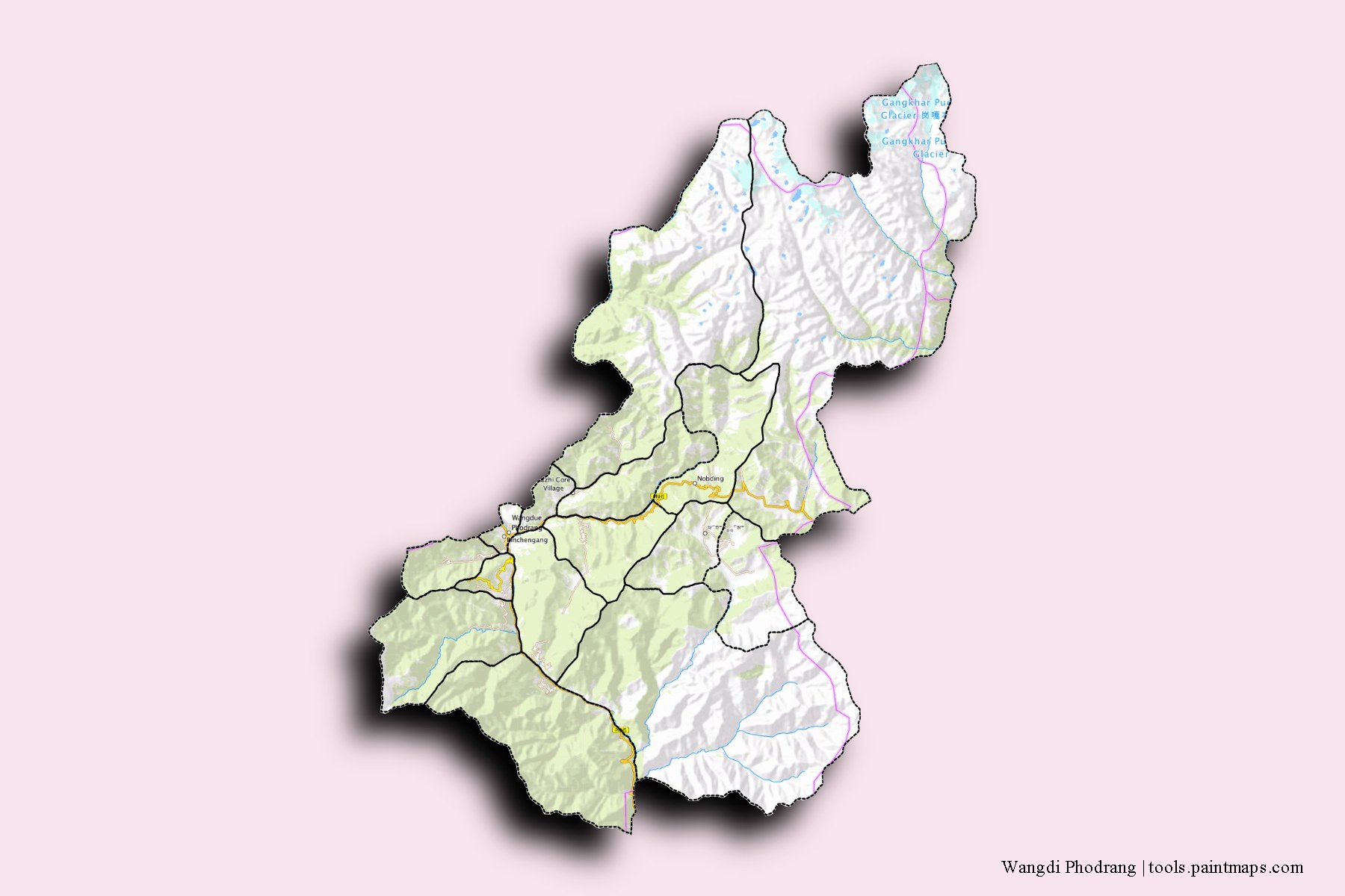 Wangdue Phodrang and counties map with 3D shadow effect