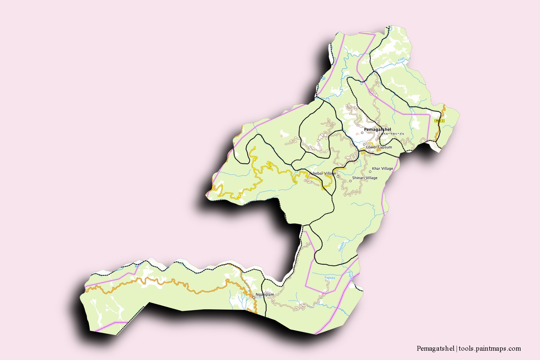 Pemagatsel and counties map with 3D shadow effect