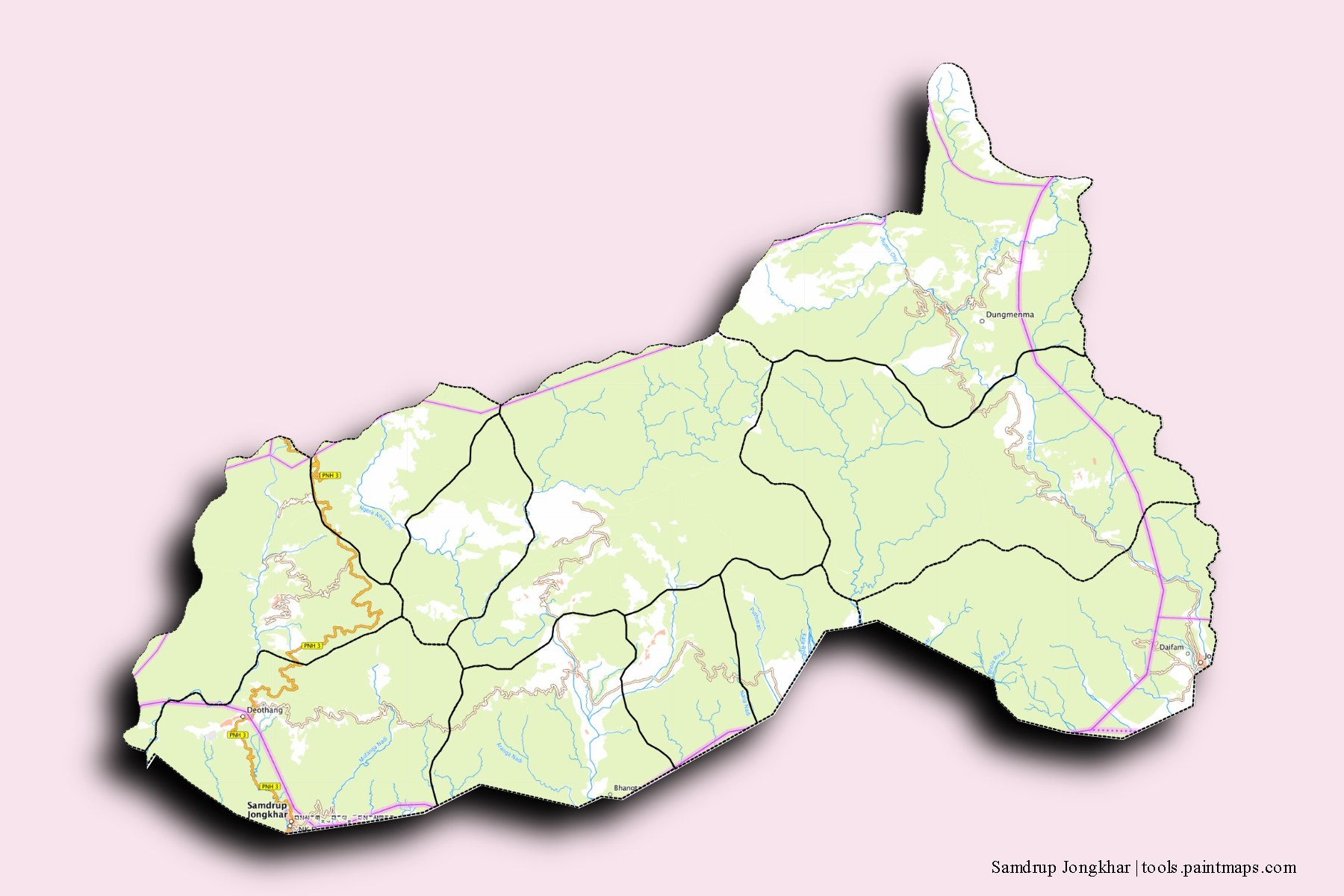 Mapa de Samdrup Jongkhar y sus distritos con efecto de sombra 3D