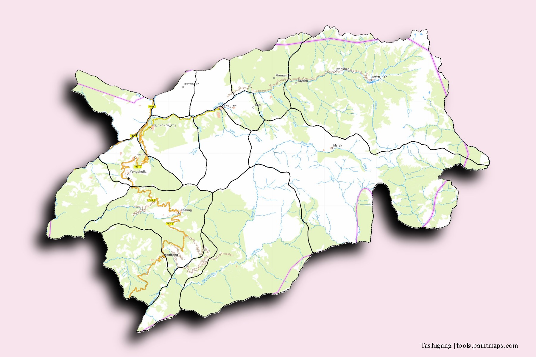 Mapa de Tashigang y sus distritos con efecto de sombra 3D