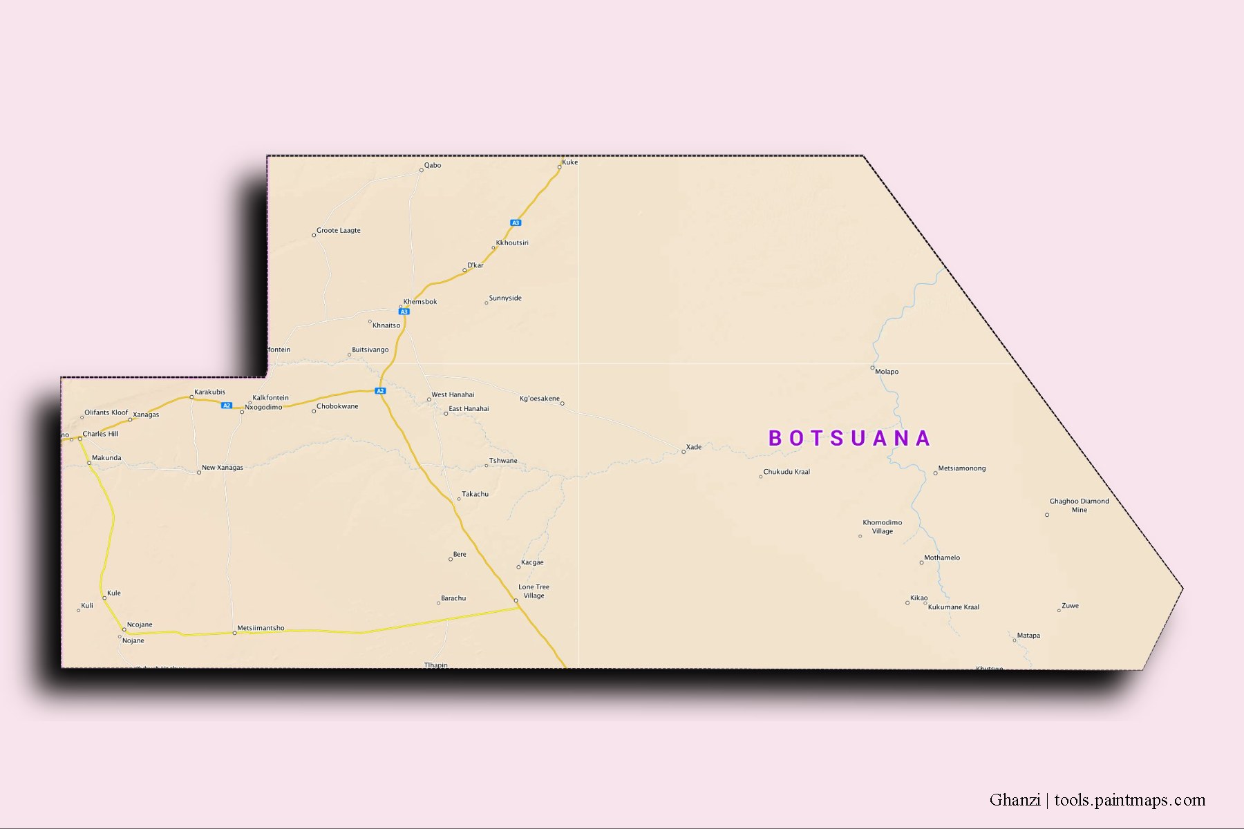 Ghanzi and counties map with 3D shadow effect