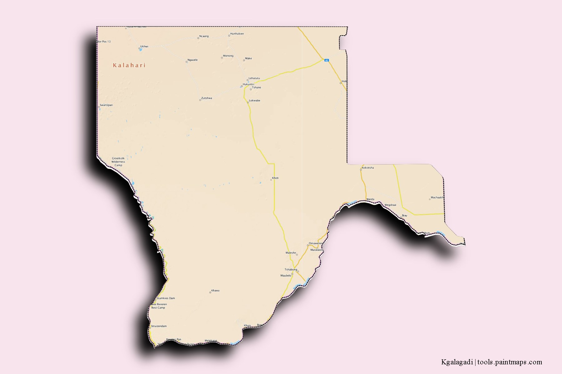 3D gölge efektli Kgalagadi Bölgesi ve ilçeleri haritası