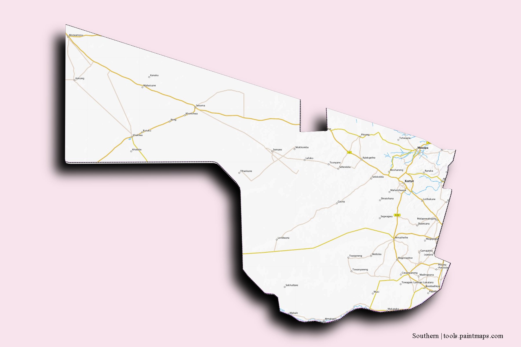 Mapa de Southern y sus distritos con efecto de sombra 3D