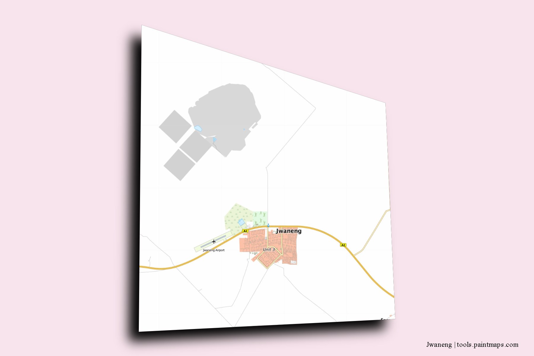 Mapa de Jwaneng y sus distritos con efecto de sombra 3D