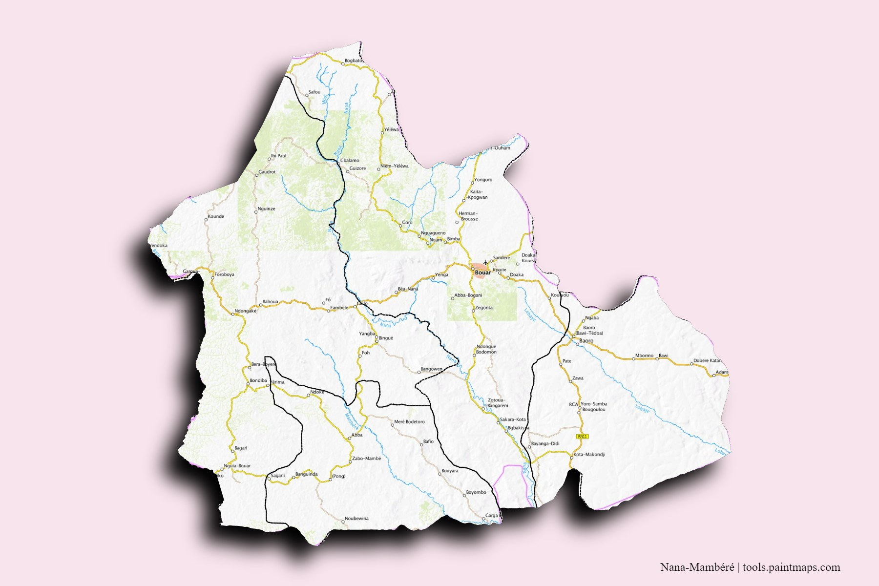 Nana-Mambéré Prefecture and counties map with 3D shadow effect