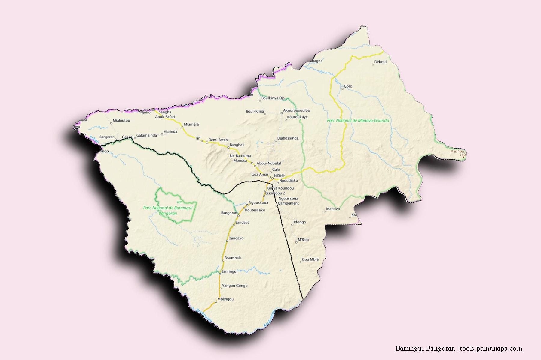 Mapa de Bamingui-Bangoran y sus distritos con efecto de sombra 3D
