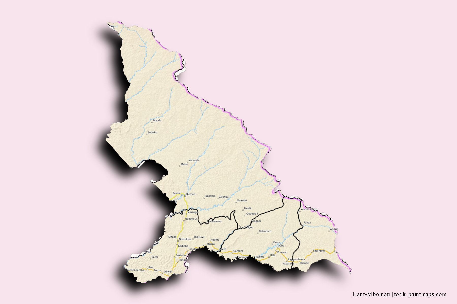 Mapa de Haut-Mbomou y sus distritos con efecto de sombra 3D