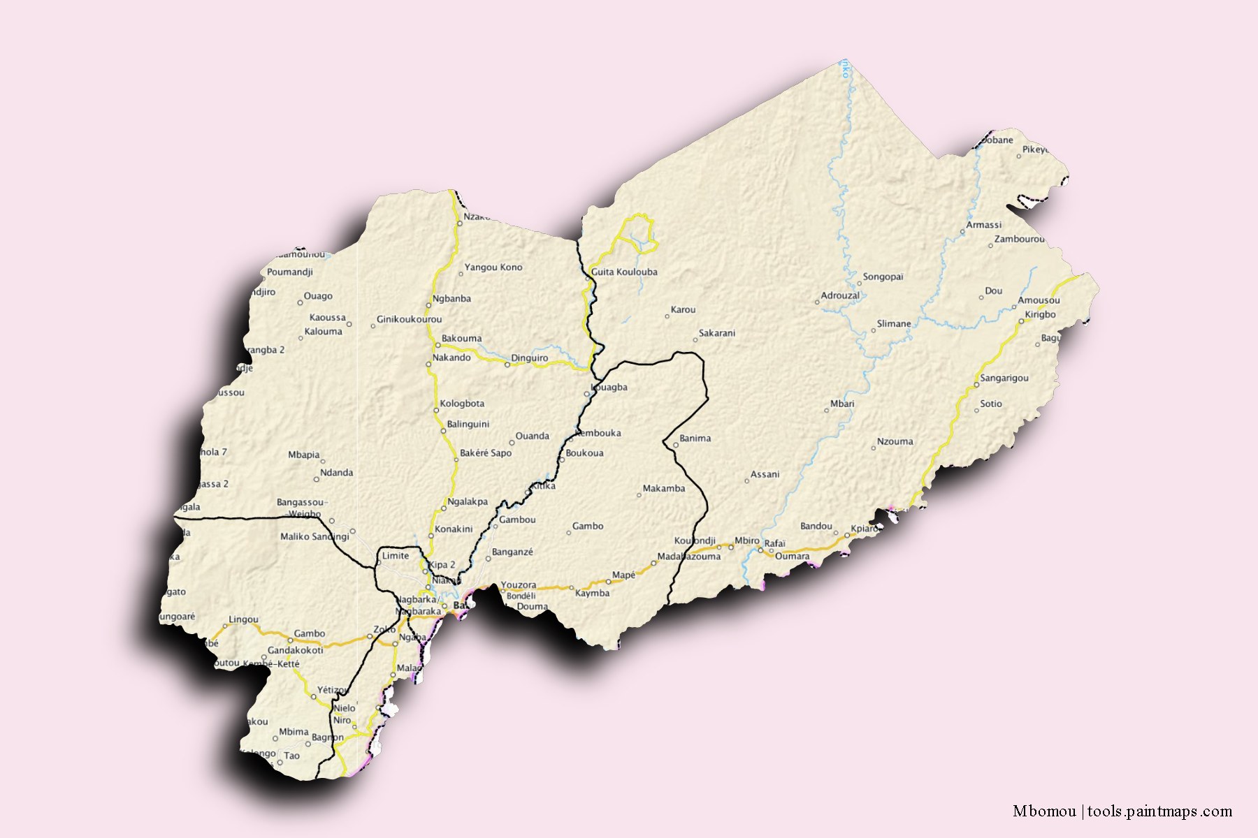 Mapa de Mbomou y sus distritos con efecto de sombra 3D