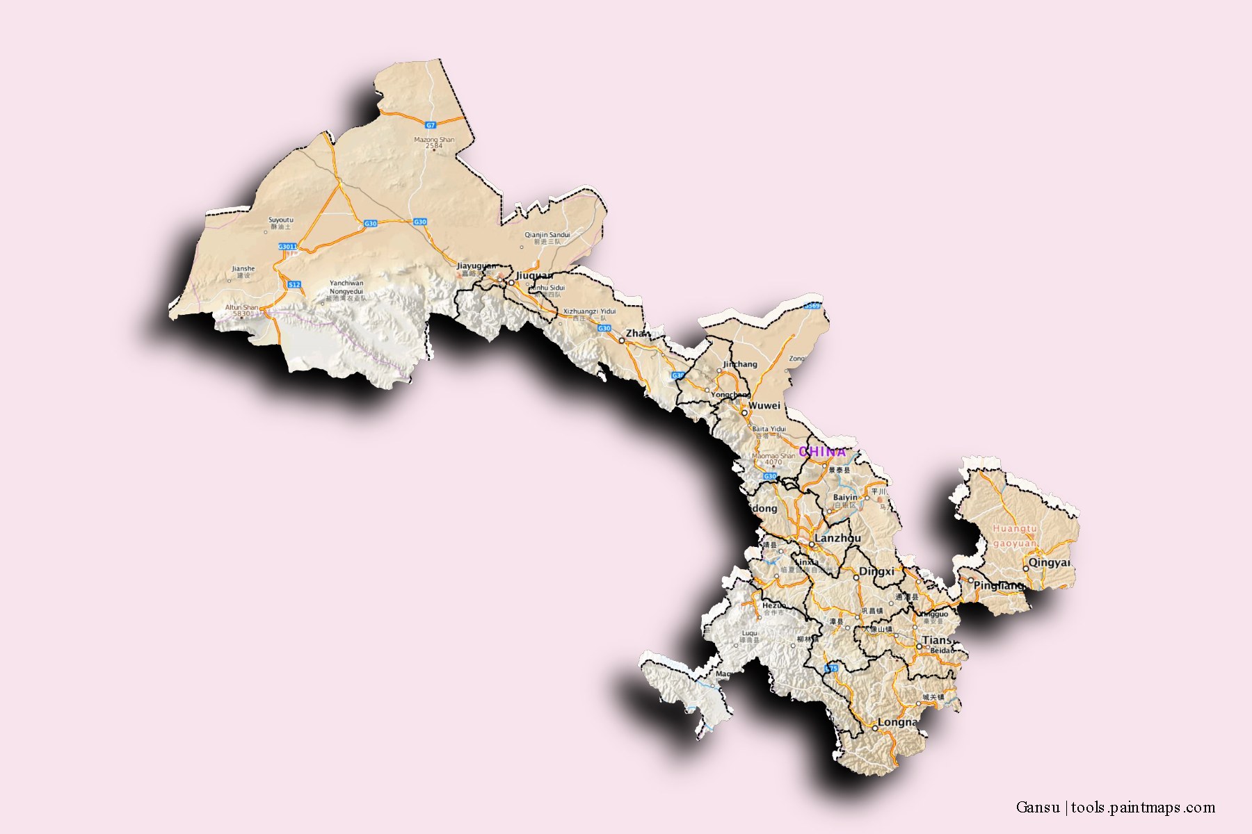 Mapa de Gansu y sus distritos con efecto de sombra 3D