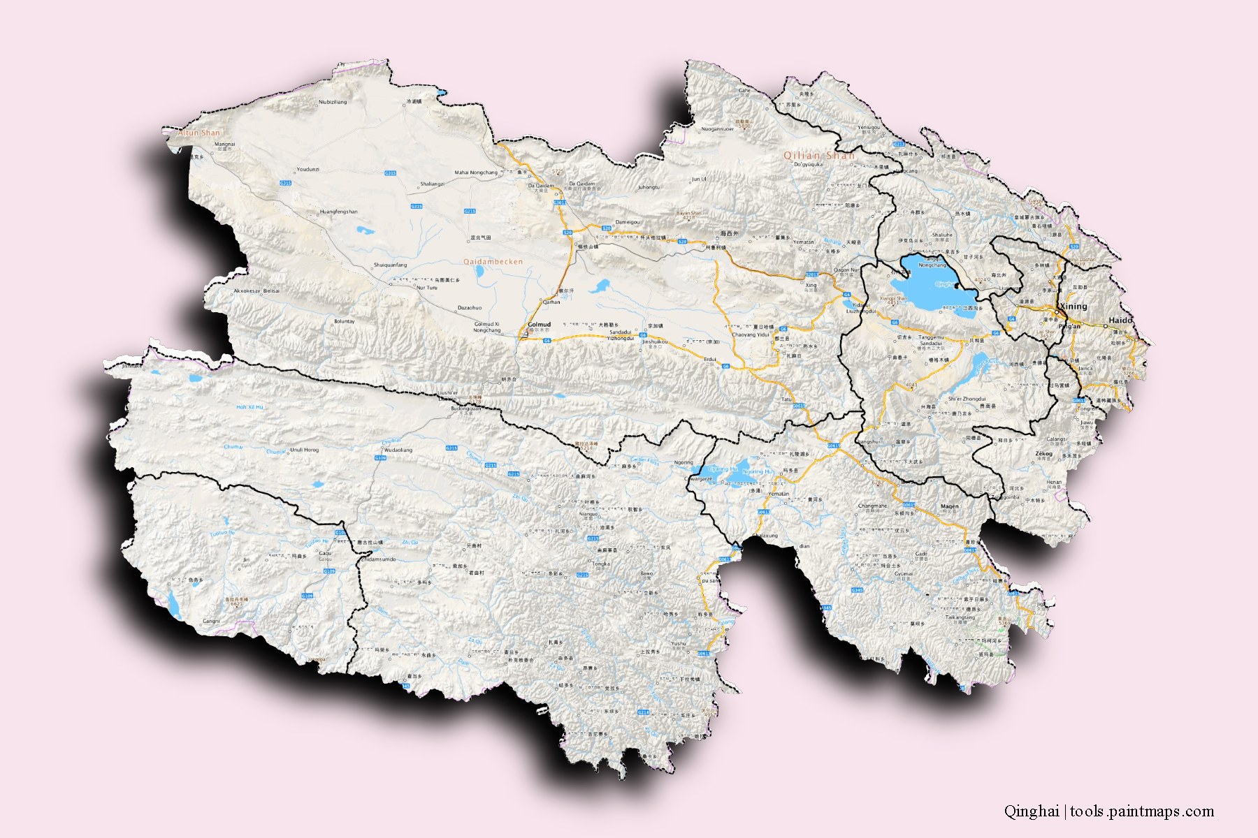 3D gölge efektli Çinghay ve ilçeleri haritası
