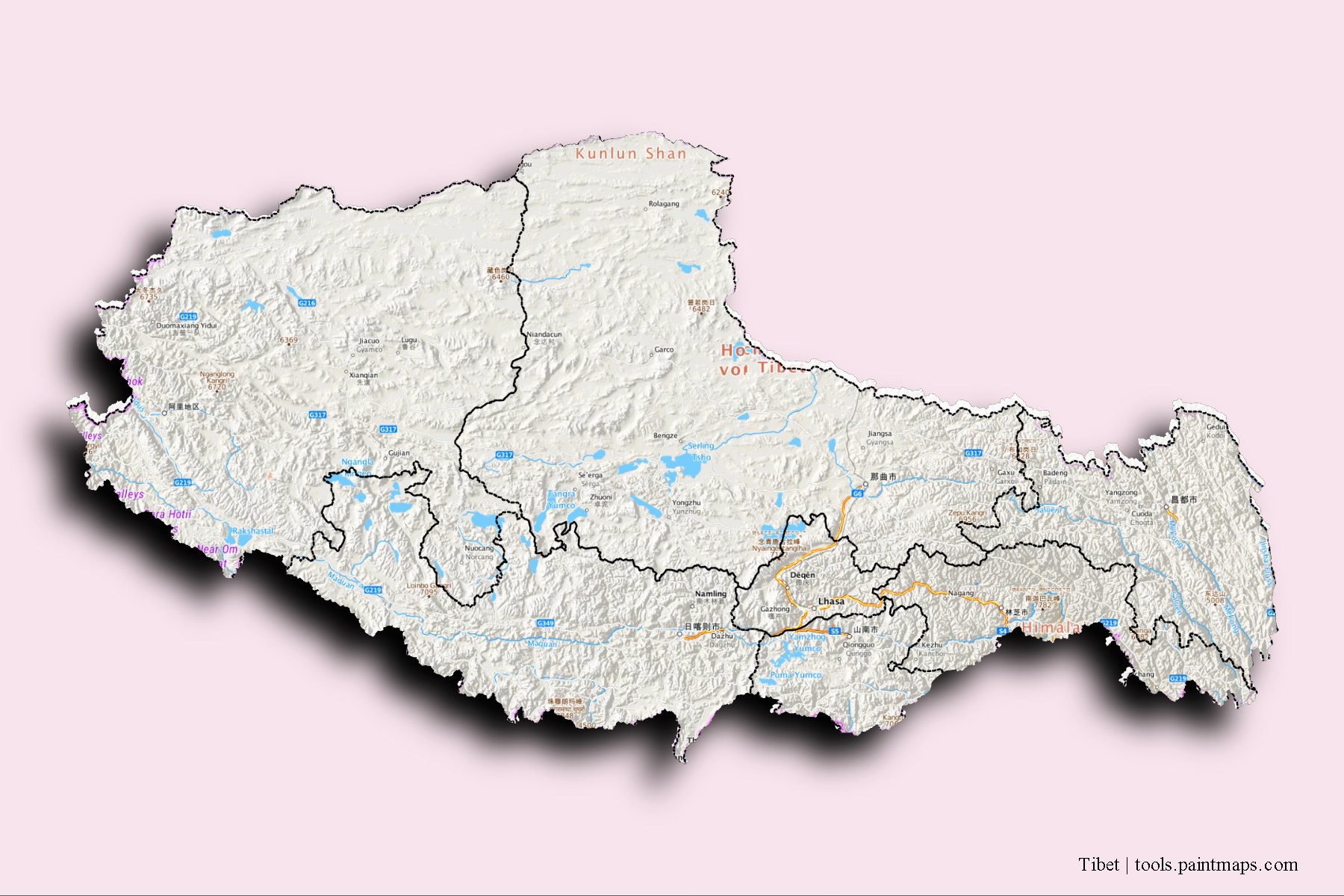 3D gölge efektli Tibet ve ilçeleri haritası