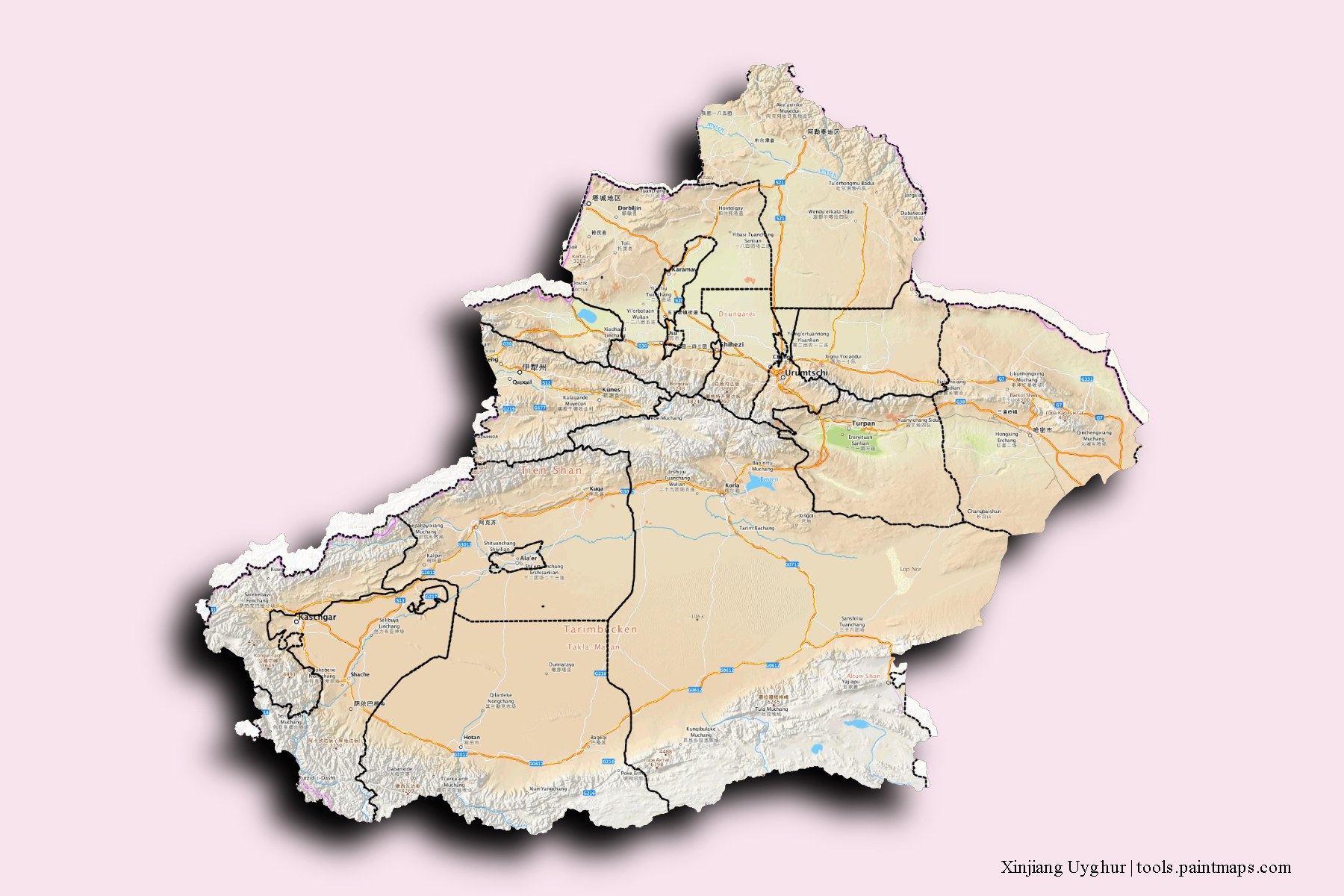 Xinjiang Uyghur and counties map with 3D shadow effect