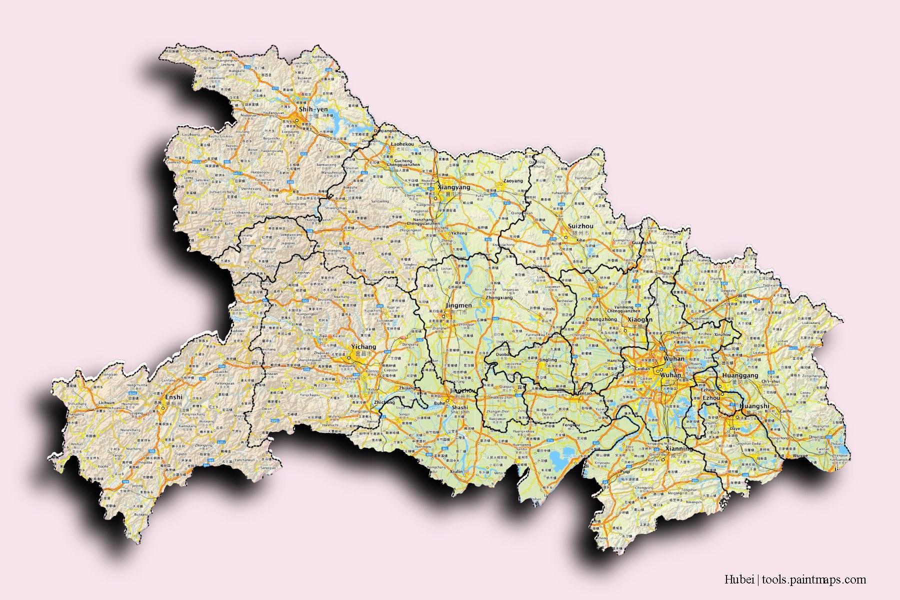 Mapa de Hubei y sus distritos con efecto de sombra 3D